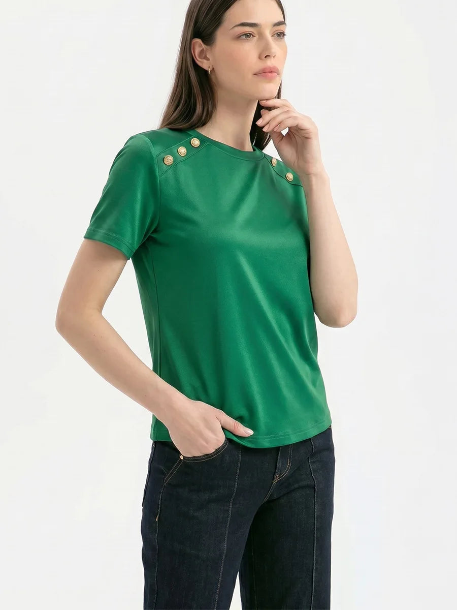 Fashionable Short Sleeve T-Shirt Women's Slim Fit Solid Color Summer 2026 Casual round Neck Polyester Blend Top