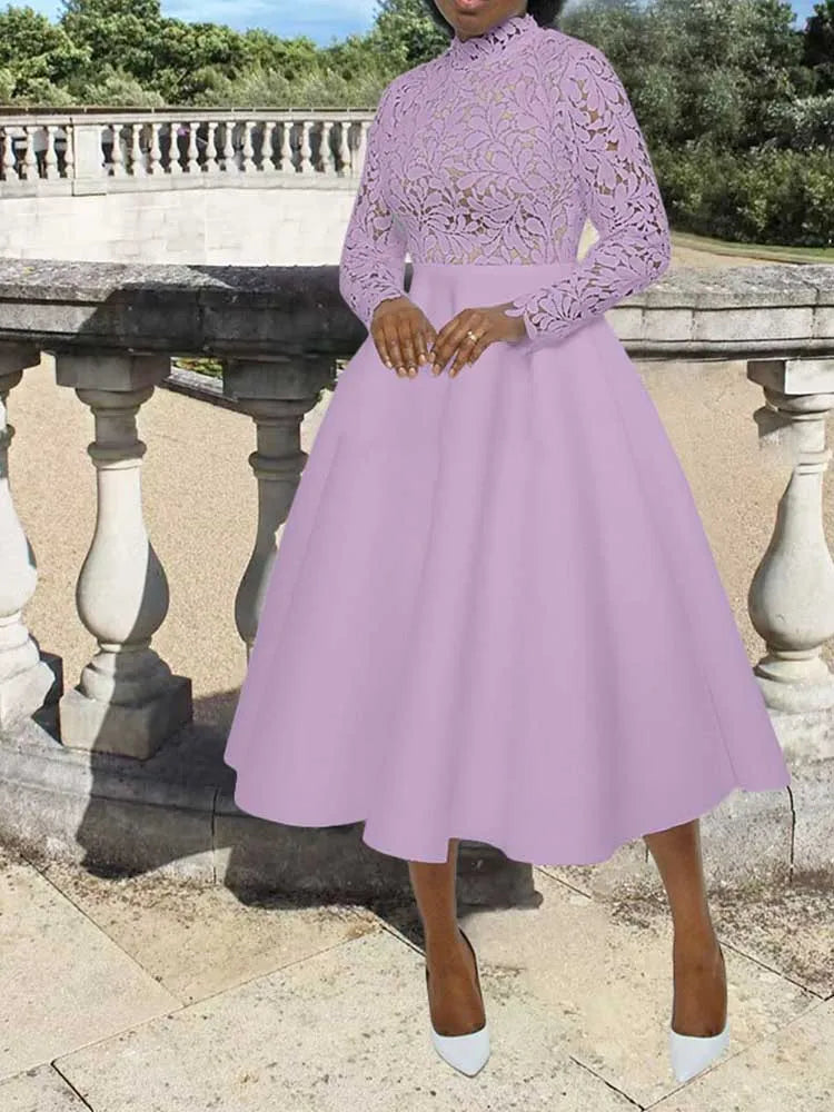 Elegant Party Dresses Woman Fall Fashion Lace Long Sleeve See Through Dress Vintage Laides Evening Dress Wholesale Dropshipping