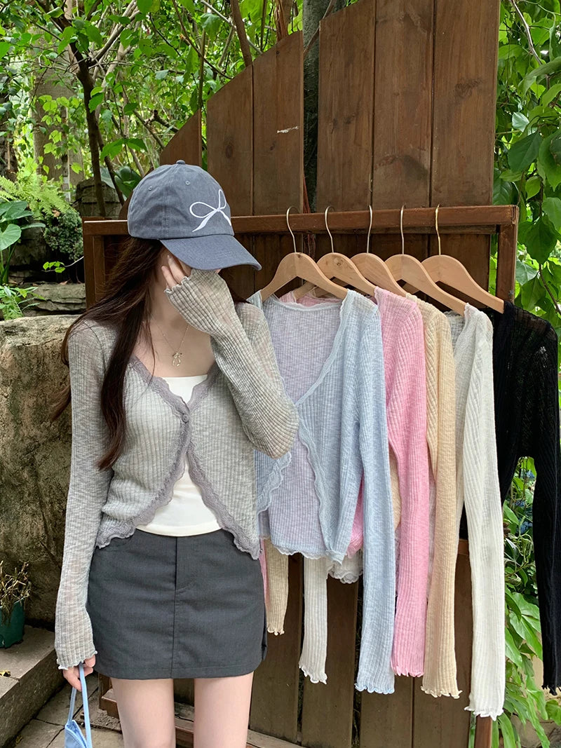 Lace Trim One Button Long Sleeve Crop Top Women Short Sleeve Open Front Ribbed Knit Cardigan Sweater Summer Fairycore Outfit