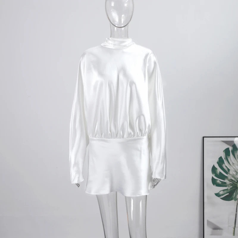 Elegant Satin Mini Dress For Women Fashion Scarf Collar Batwing Sleeve Waist Dress Lady 2025 Autumn Chic Party Evening Vestidos