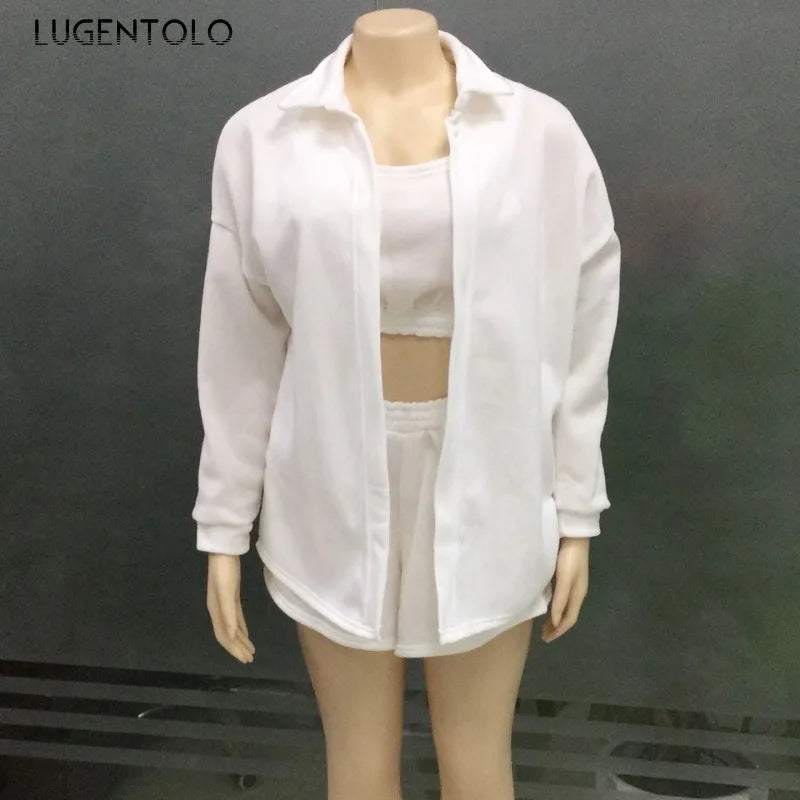 Women Fashion 3-piece Set Long Sleeve Lapel Coat O-Neck Short Tank Top Wide Leg Shorts High Street Sports Outfits Available 5XL