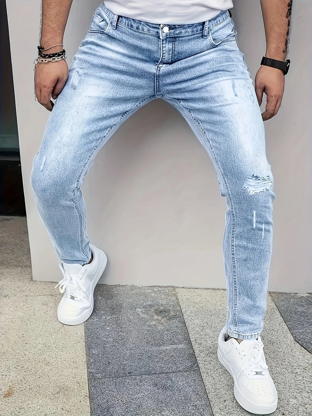 Men'S Slim-Fit Distressed Denim Jeans  Street Style  Light Blue with Ripped Detail, Perfect for Casual Wear, Spring Fashion Jean