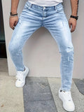Men'S Slim-Fit Distressed Denim Jeans  Street Style  Light Blue with Ripped Detail, Perfect for Casual Wear, Spring Fashion Jean