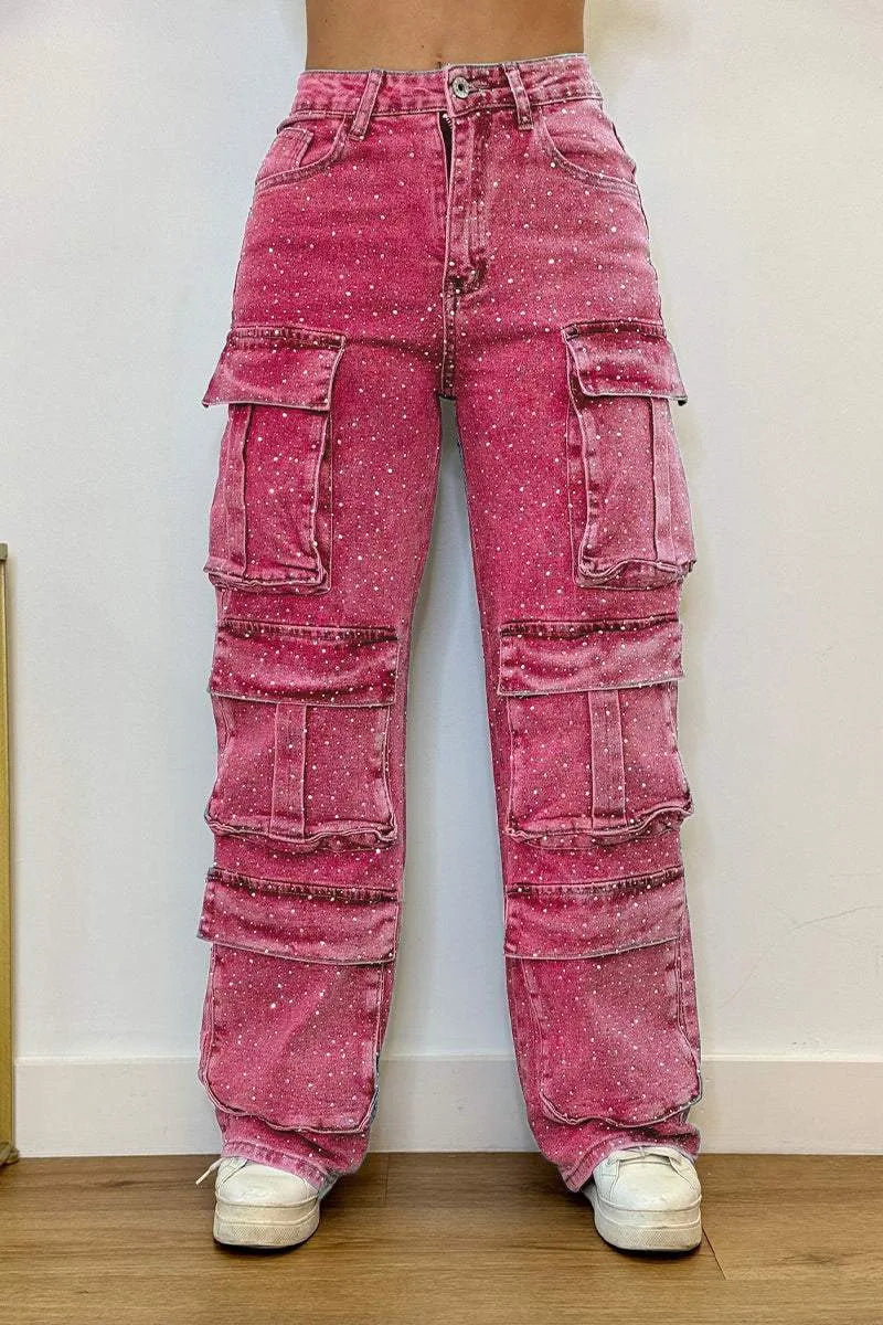 New 2026 Women's High Waist Cargo Denim Jeans with Full Rhinestones Sparkling Casual Baggy Pants Streetwear Chic Daily Trousers