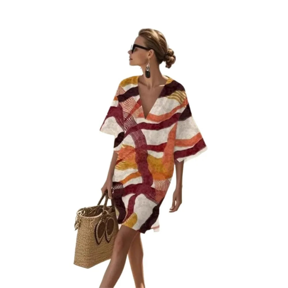 Fashion Retro Printed Short-sleeved Loose Women's Dress New Summer Style Deep V Neck Casual Seaside Vacation Female Dresses 2025