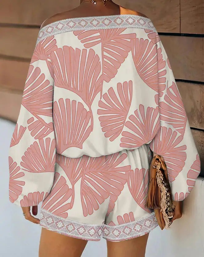 Two Piece Set Women Outfit 2026 Spring New Fashion Print Lantern Sleeve Slanted Collar Loose Top & Elastic Waist Shorts Set