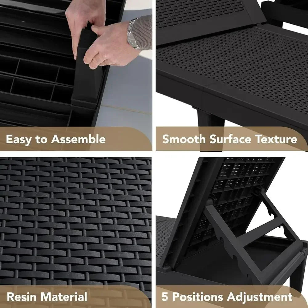 Black Outdoor Adjustable Waterproof Chaise Lounge Set of 2 for Poolside Patio