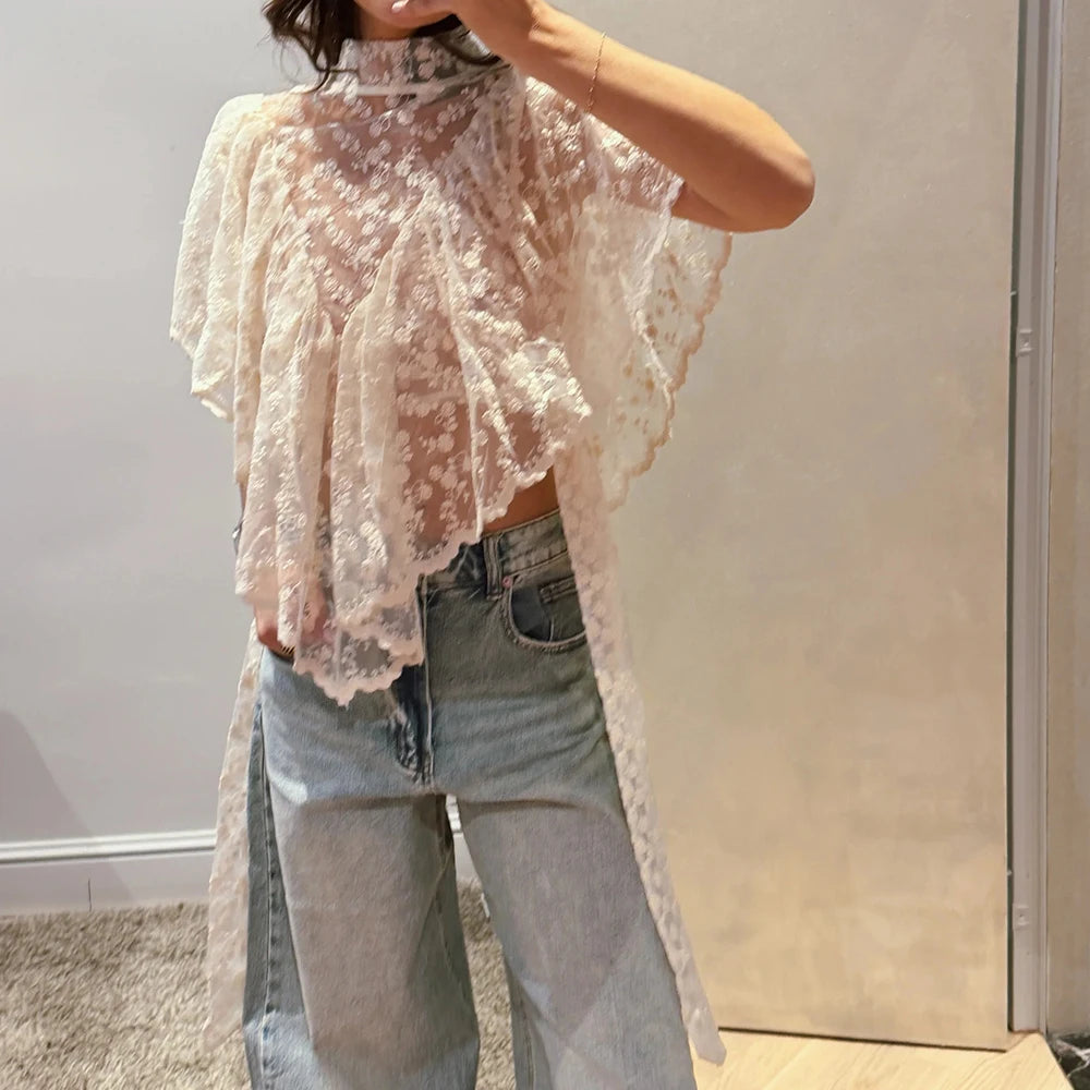 Women Summer Kawaii Grunge Lace Floral Embroidery T-Shirts Coquette Sexy Sheer Irregular Ruffles Flutter Sleeve Loose Shirts Top
