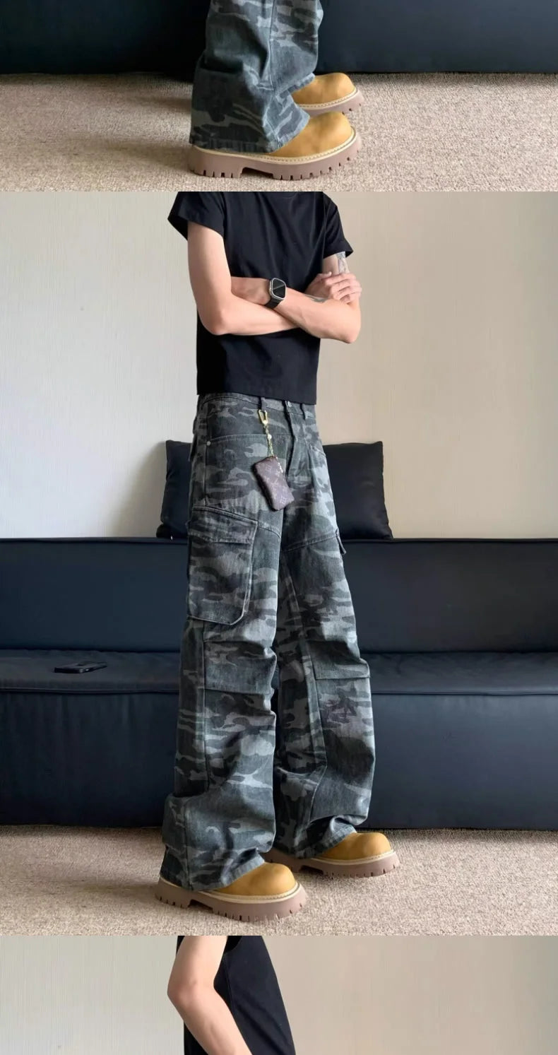 Summer Large Size American Retro Camouflage Work Pants Men's Loose Straight Leg Jeans with Diagonal Pockets Casual Long Trousers