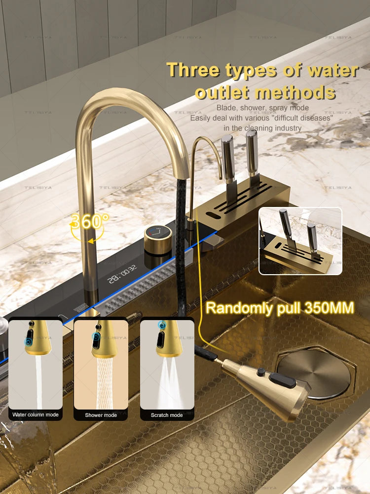 Stainless Steel Golden Kitchen Sink Multifunctional Waterfall Outlet Single Slot Piano Button Digital Display