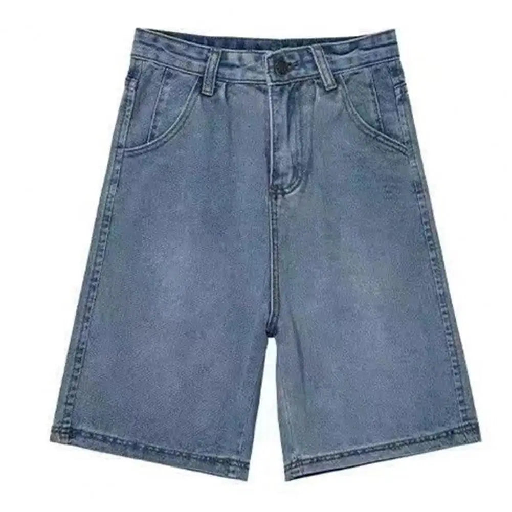 Retro Style Women Denim Shorts High Waist Vintage Washed Straight Wide Leg Button Zipper Knee Length Jeans Shorts Summer