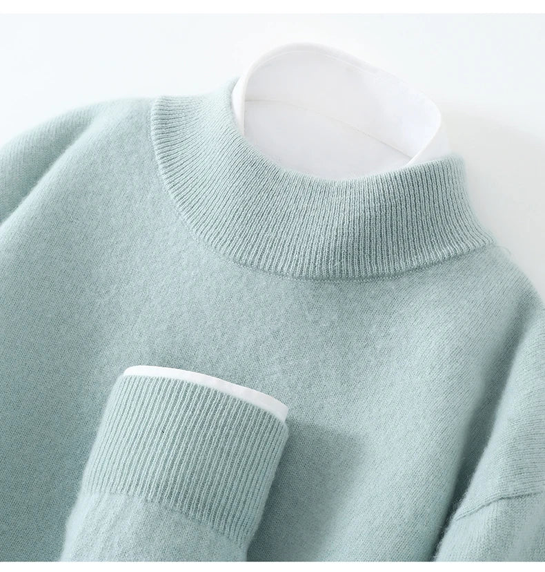 Autumn/Winter Men's 100% Pure Cashmere Pullover Business Casual Solid Knitted Sweater Loose Half High Neck Tops Thick Jumper