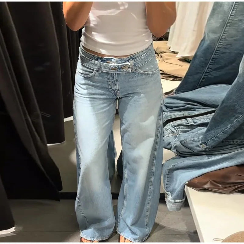 2026 Spring Low Waist Pleated Wide Leg Jeans Light Wash Raw Edge Double Waistband Casual Women Pants Trendy Y2K Lady Trousers