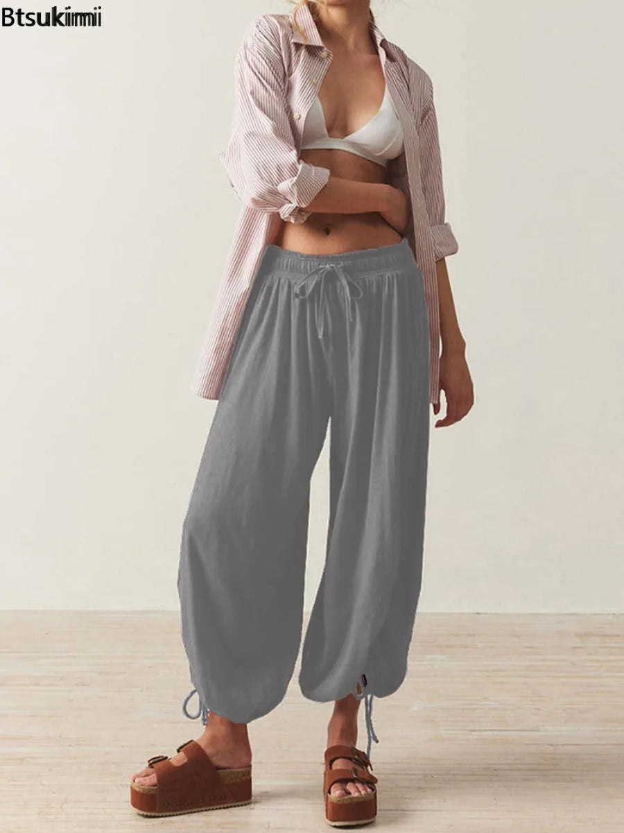 2026 New Drawstring Lantern Pants Women's Casual High Waist Loose Trousers Spring Summer Fashion Streetwear Female Joggers Pants