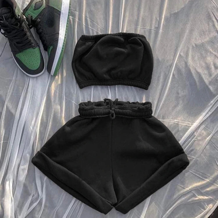 Thin Summer New Solid Color Lace Up Tracksuits Women Sleeveless Backless Tube And Shorts Two Piece Sets Casual 2pcs Outfits