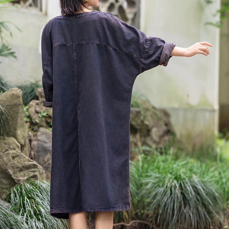 Masss Wasss 2025 Fall Females Classic Vintage Embroidery Oversized Denim Dresses Womens Fashion Loose Vestidos Leisure Clothes