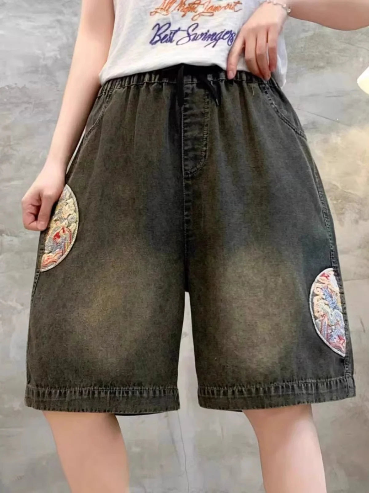 Retro Distressed Embroidered Denim Shorts Women's Loose Wide Leg Pants High Waist Blue Thin Summer New Style Fashionable