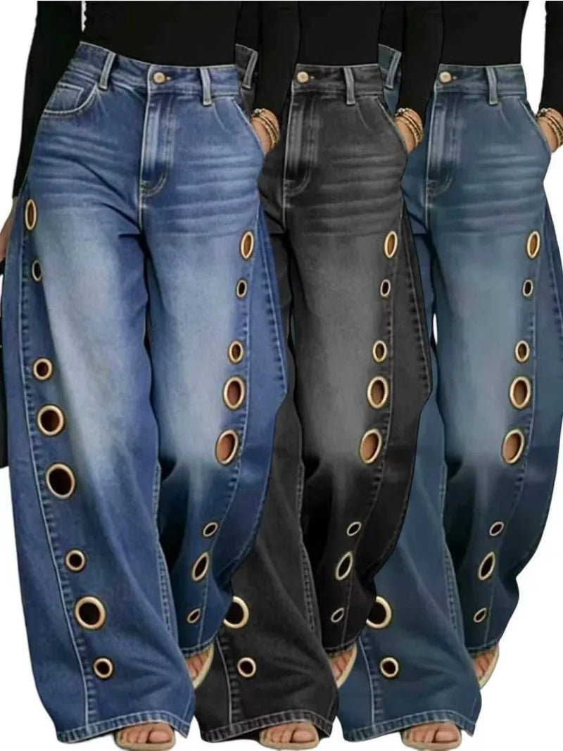 Summer 2026 New American Women Denim Pants Hollow Eyelet Wide Leg Loose Y2K Korean Vintage Streetwear Full Length Jeans
