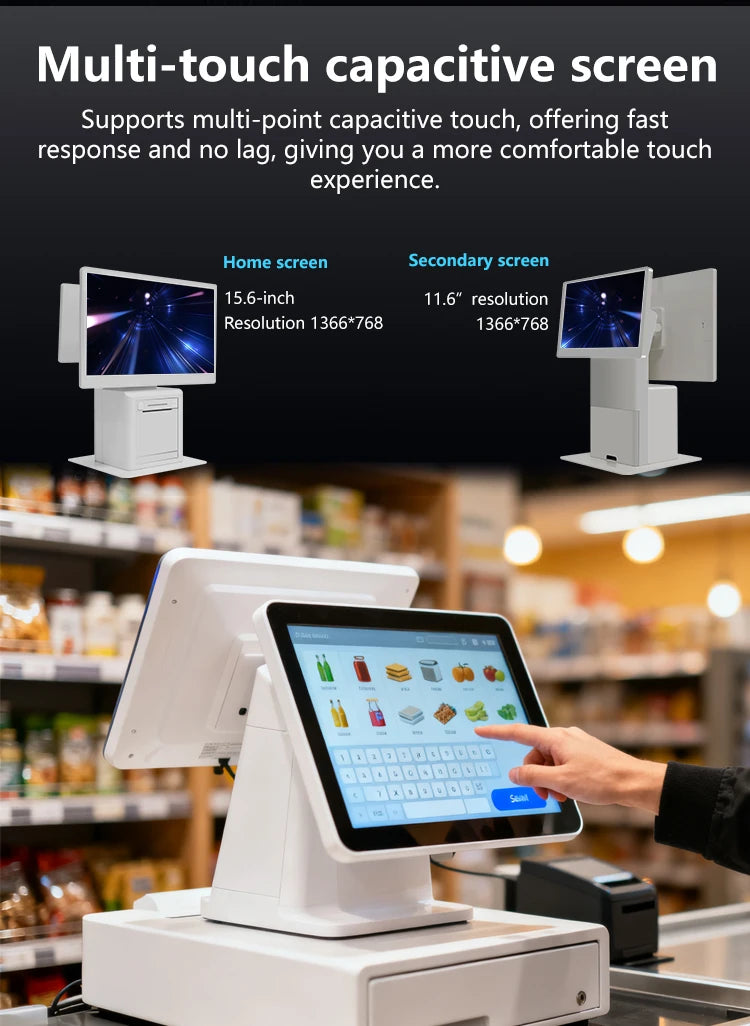 Dual Screen Touch Android Cash Register for Aliexpress, with Cash Drawer for Supermarkets Retail Stores Restaurants
