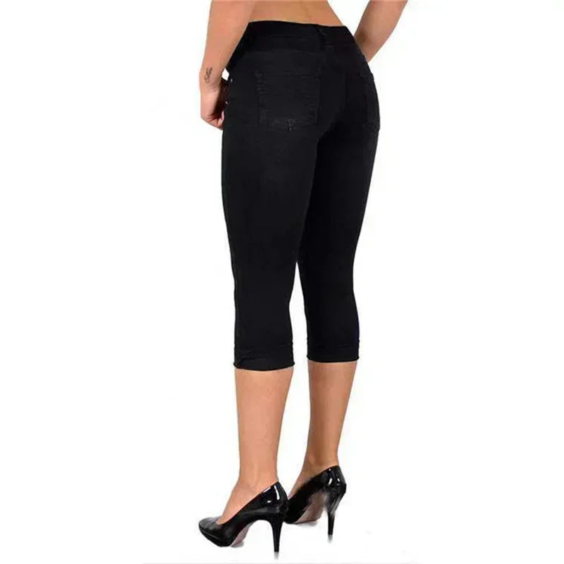 Women Simple Style Slim Pencil Jeans Scratches Decoration Seven-quarter Length Pants Daily Casual Commuter Female Denim Trousers