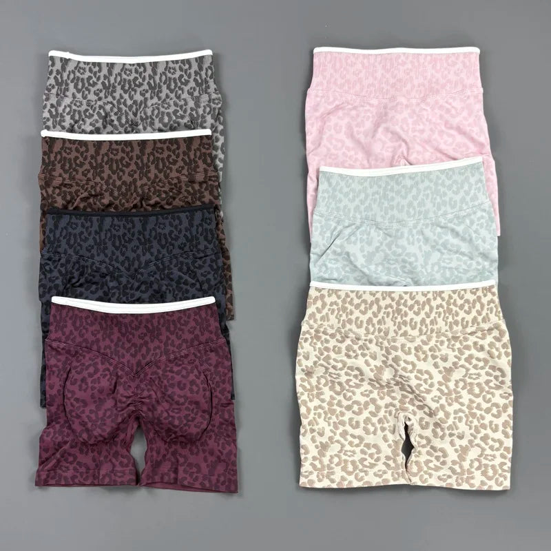 HISTELLO Gym Shorts Leopard Print Women Seamless Yoga Pants Scrunch Butt Workout Biker Tights Running Pilates Fitness Leggings