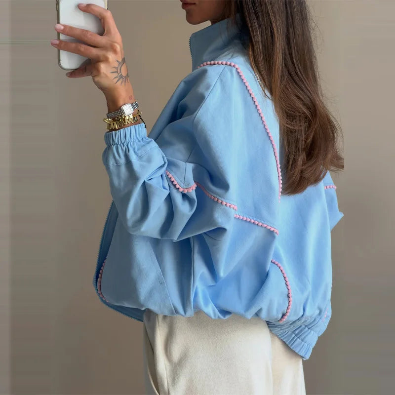 Polka Dot Cropped Windbreaker Jacket, Contrast Pink Seam Piping Side Pockets Loose Outerwear 2026 Autumn Street Daily Lady Coat