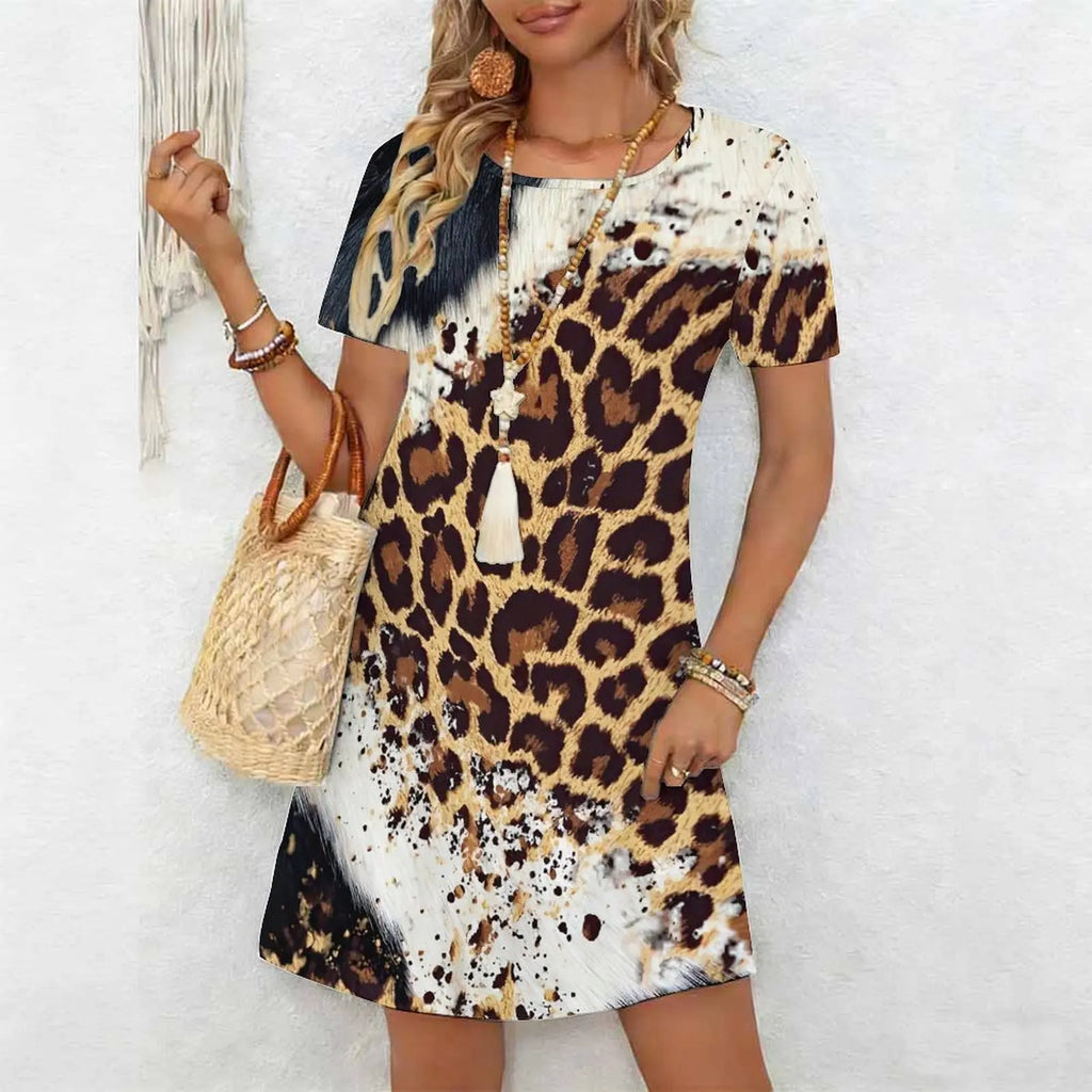 Women's Classic Leopard Print Short Sleeve Round Neck Midi Dress Loose Casual A Line Daily Wear Dress