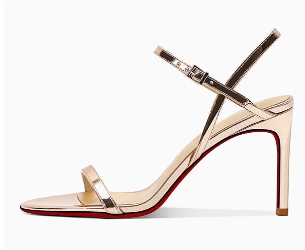 New Silver Patent Leather Temperament High-Heeled Sandals for Women with Exposed Toes, Slim Heels, and Comfortable Single Shoes