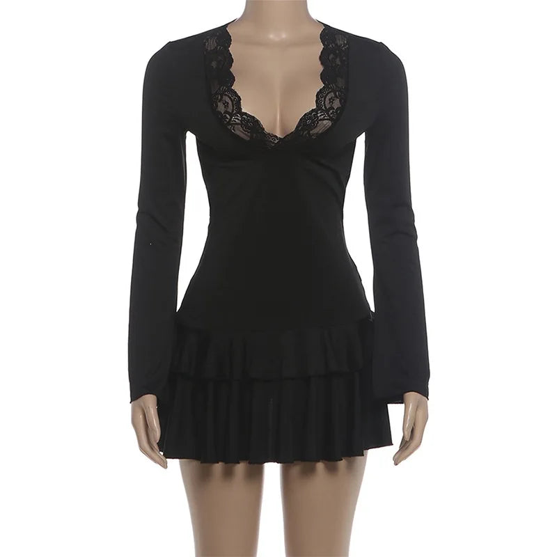 2026 Autumn. New Women's Fashion Erotogenic V-neck Lace Patchwork Stiglich Bell Sleeve Body Clothes Sexy Party Boho