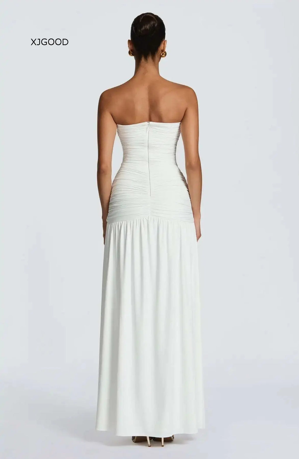 Women's Strapless Pleated High Slit Long Skirt Sexy Pure Color mid Waist Polyester Fiber V-neck Sleeveless Slim Fit Dress