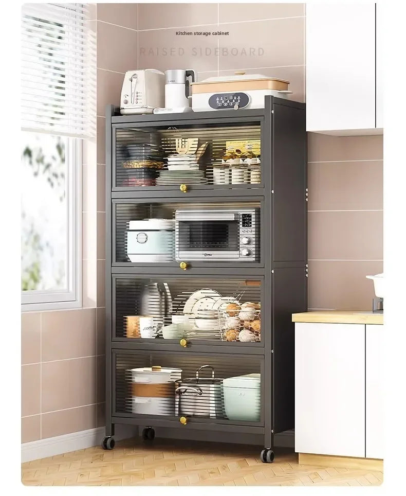 Multi-functional Kitchen Shelf Floor-to-ceiling Shelf Locker Microwave Pot Oven Cabinet Storage Rack with Cabinet Door