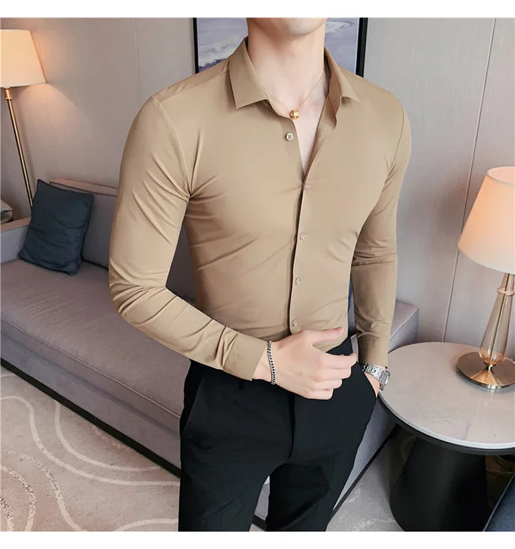 Men's Ultra Stretch Seamless Long Sleeve Shirt Top Quality Business Casual Breathable Stretchable Solid Color Formal Dress Shirt