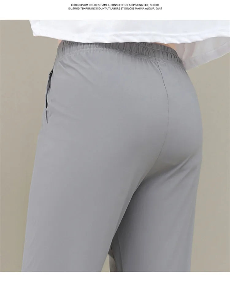New Women'S Fashion Loose Summer Thin Ice Silk Pants Mom'S Casual High Waist Comfortable Versatile Sports 9-Point Trousers