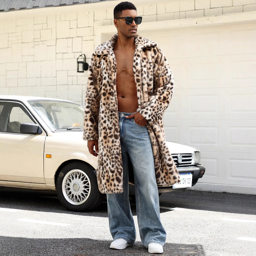 Men Faux Fur Coats Leopard Jackets Color Blocked Turn Down Collar Long Sleeve Single Breasted Straight Casual 2025 Autumn Winter