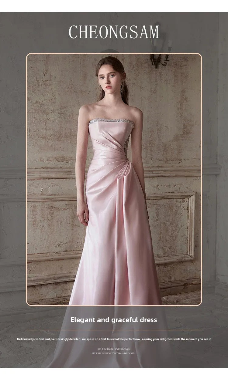 Pink Strapless French Evening Gown 2026 New High-end Annual Meeting Host Engagement Banquet Bride Toast Costume Customization