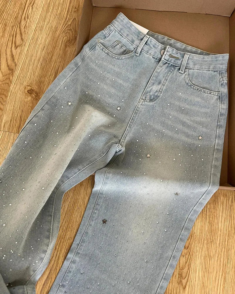 Elegant Light Blue Beaded Straight Denim Pants for Women High Waist Slim Fit Wide Leg Long Trousers