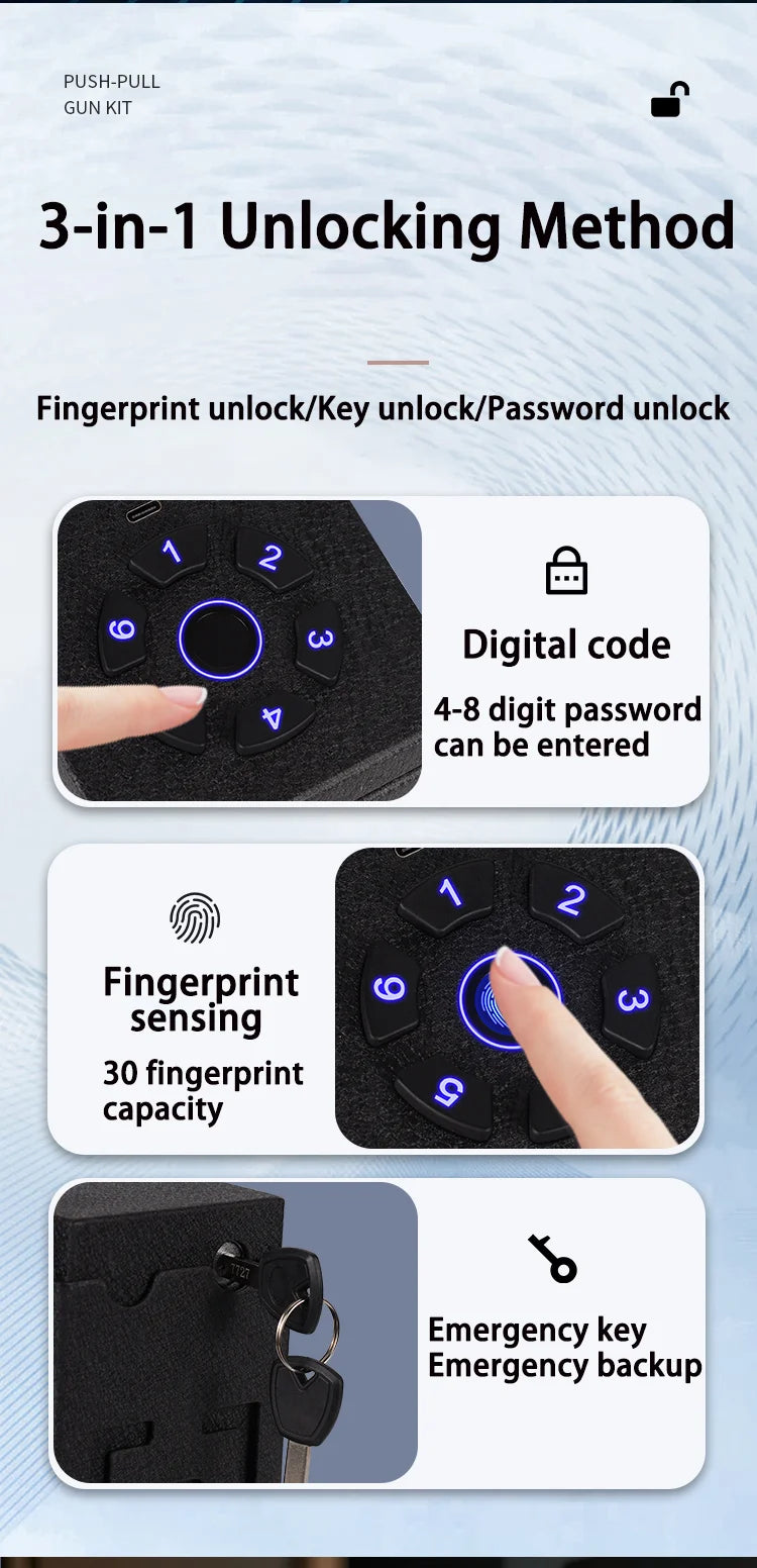 Tuya BLE Gun Safe Box Biometric Fingerprint Key Code 3-in-1 Wall Mounted Pistol Safes Box Anti theft Certified Handgun Safe