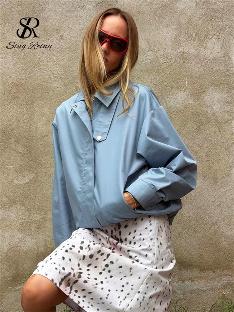 SINGREINY Autumn Trendy Street Casual Jacket Lapel Full Sleeves French Simple Outerwear Newest Versatile Blue Basic Loose Coat