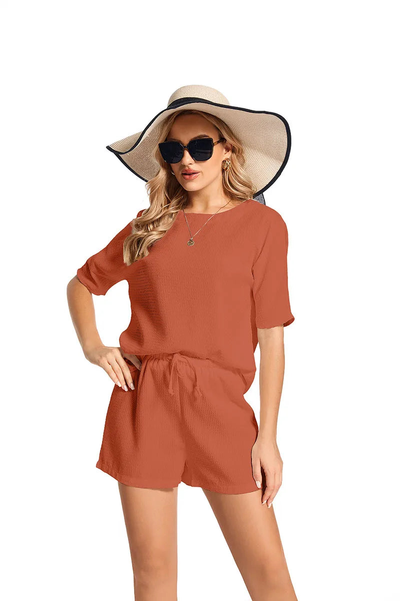 2024 New Two Piece Set For Women Short Sleeve Foreign Style Bat T Shirt Fashion Solid Color Shorts 2 Piece Sets Women Outfits