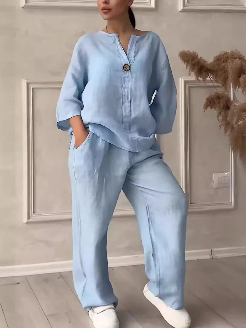 Fashion Solid 2 Piece Pant Sets Women Spring Autumn Buttons V-neck Long Sleeve T Shirt Wide Legs Trousers Two Piece Set Female