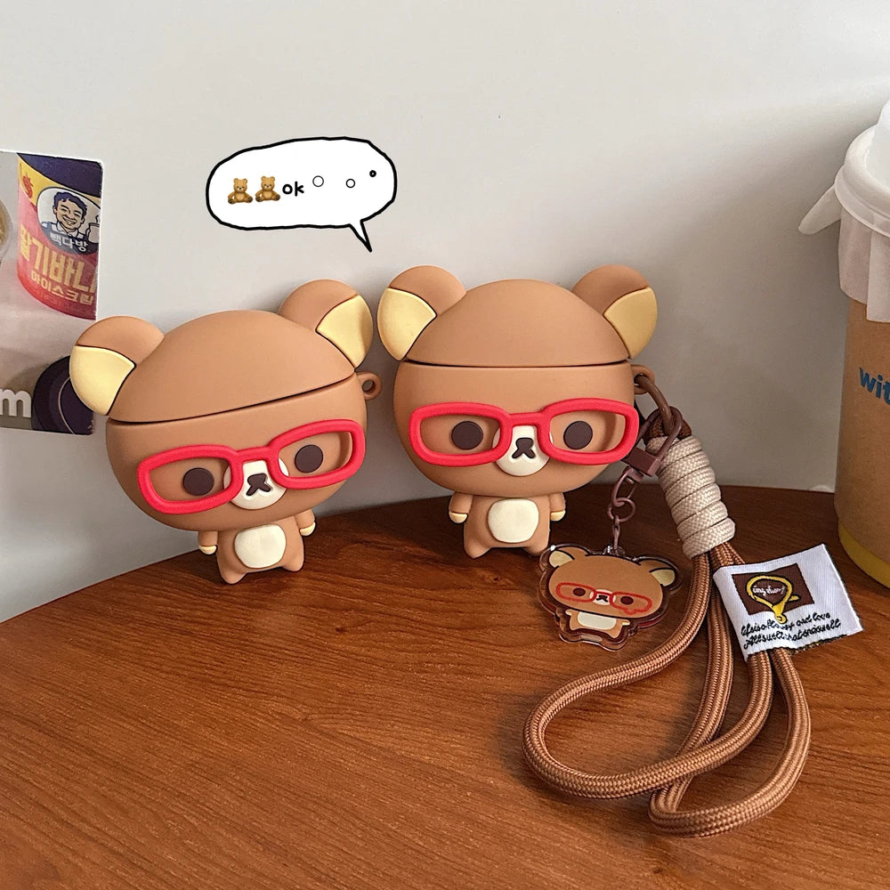 Cute Cartoon Rilakkuma Bear Earphone Case For Airpods 1 2 3 4 Pro 2 3 3D Wireless Bluetooth Headset Protective Soft Cover