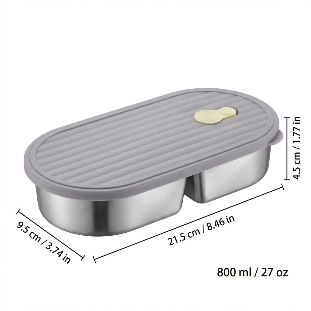 Microwaveable 304 Stainless Steel Bento Box Oval Divided Lunch Box 2 Grids Food Storage Container For Kids Students School