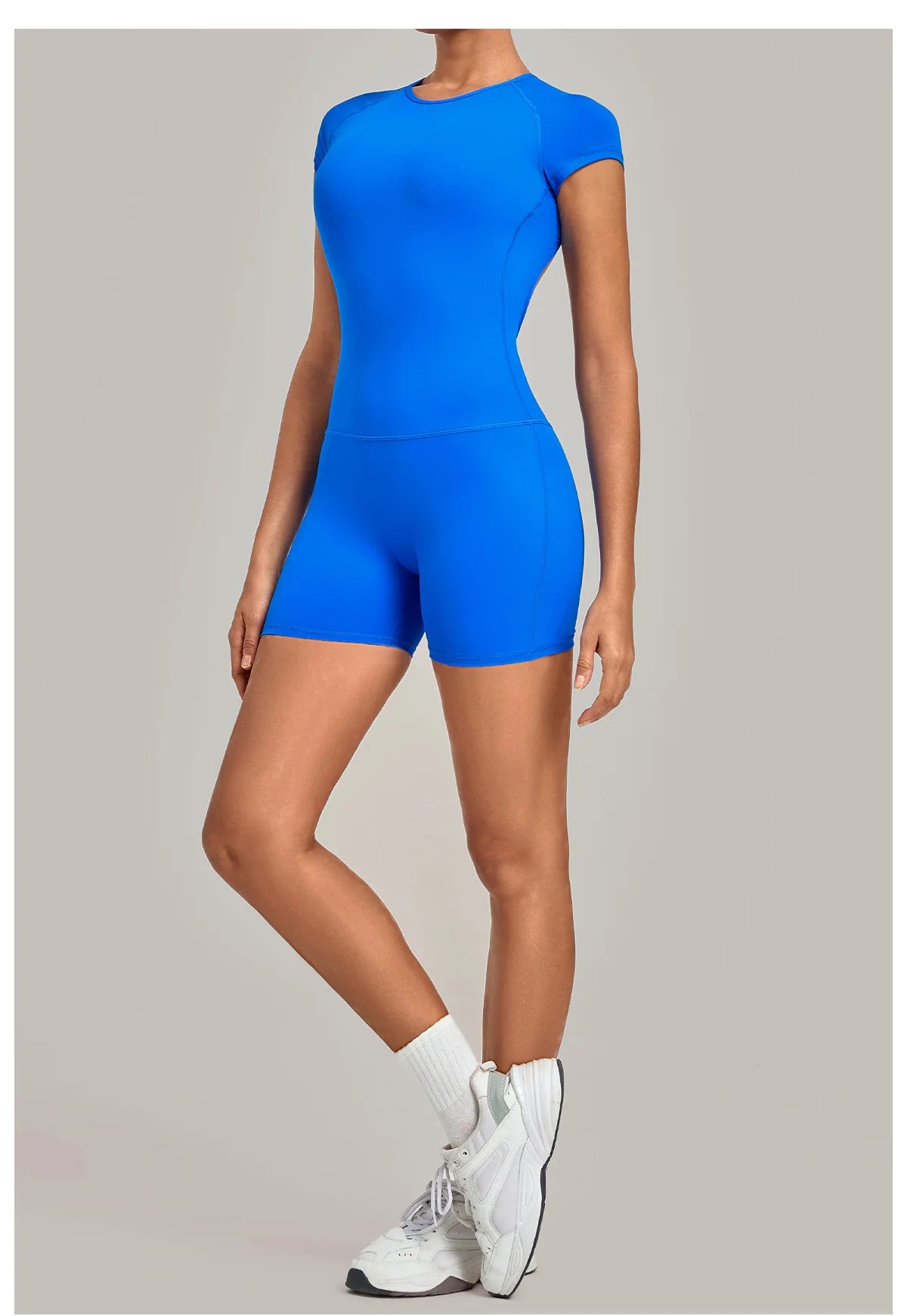Women Short Sleeve Open Back Yoga Bodysuit Squat Proof Short Jumpsuit Gym Pilates Running Workout Fitness Sport Activewear