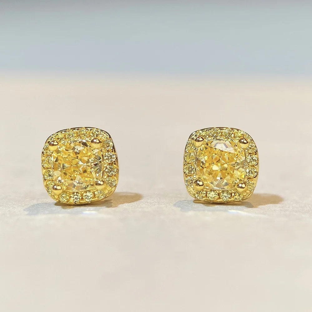 Luxury real gold solid 18K gold Yellow Diamond Earrings Women's Small Sugar Ice Flower Cut