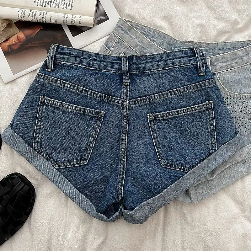 Retro Fashion Rhinestone Denim Shorts Women Pink Summer New A-Line Wide Leg Jeans Ultra Short For Hot Girls Bottoms