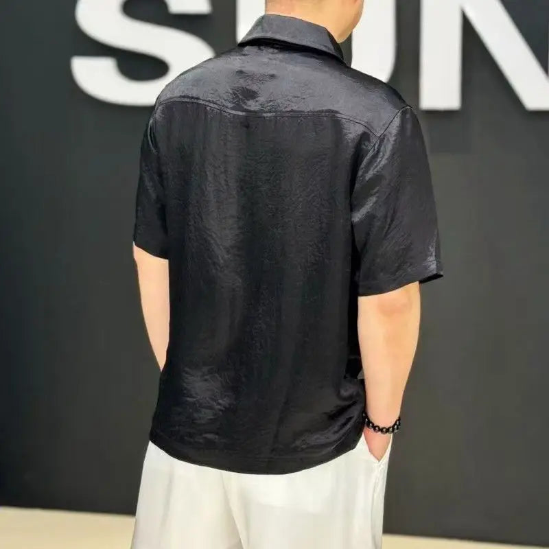 Summer New Solid Color Lapel Zipper Short Sleeve Casual T-Shirt Men's Trendy Light Luxury Cardigan Top