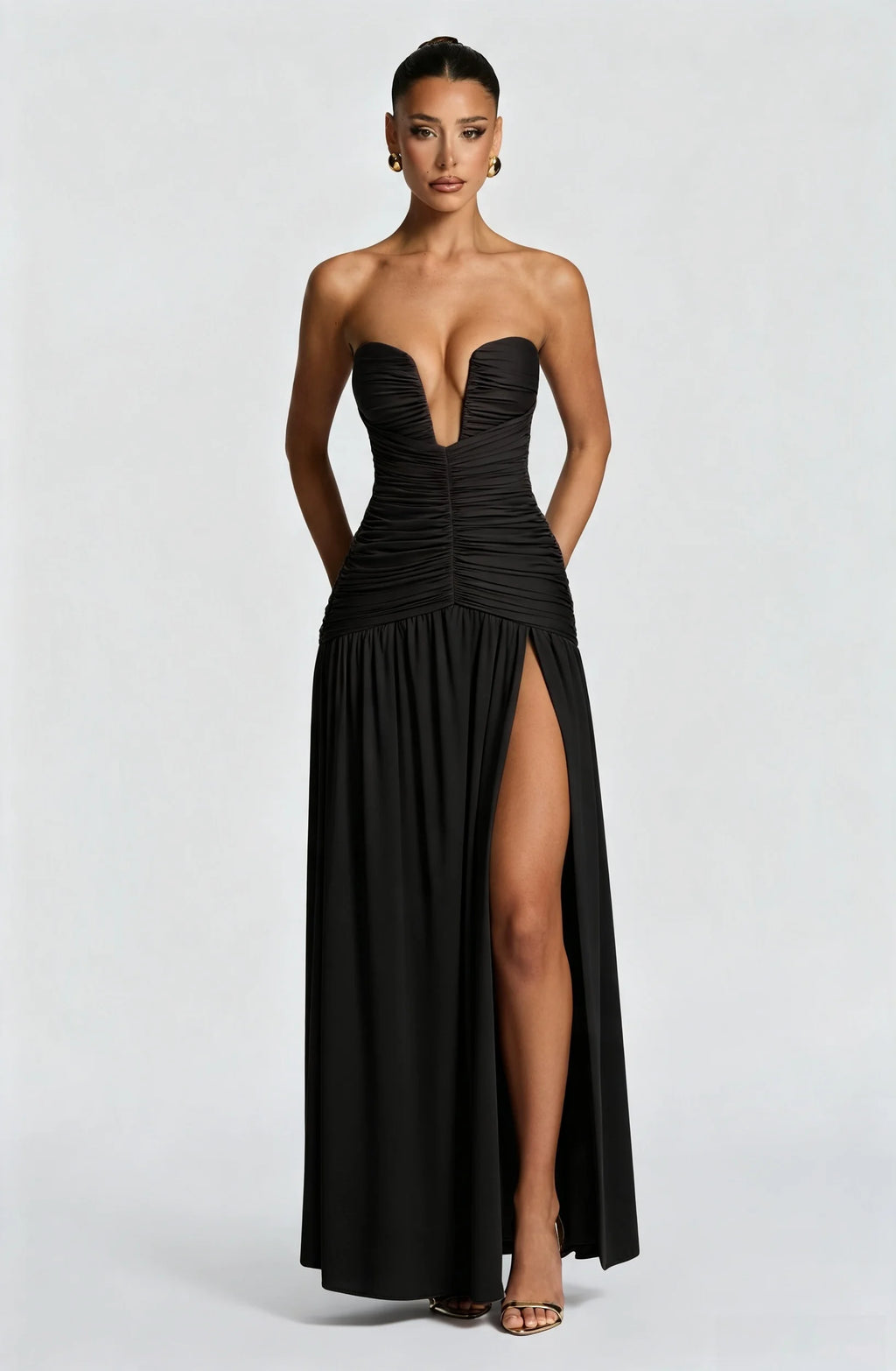 Strapless Deep V Ruched Maxi Dress High Split Formal Evening Gown Women Wedding Guest Party Long Dresses