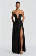 Strapless Deep V Ruched Maxi Dress High Split Formal Evening Gown Women Wedding Guest Party Long Dresses