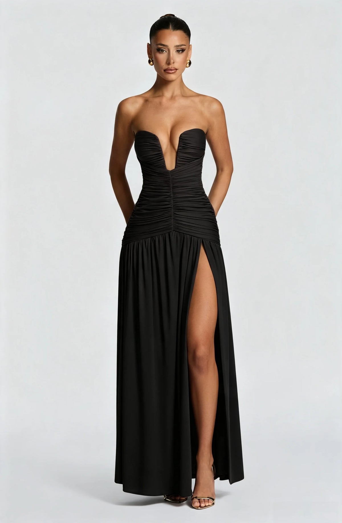 Strapless Deep V Ruched Maxi Dress High Split Formal Evening Gown Women Wedding Guest Party Long Dresses