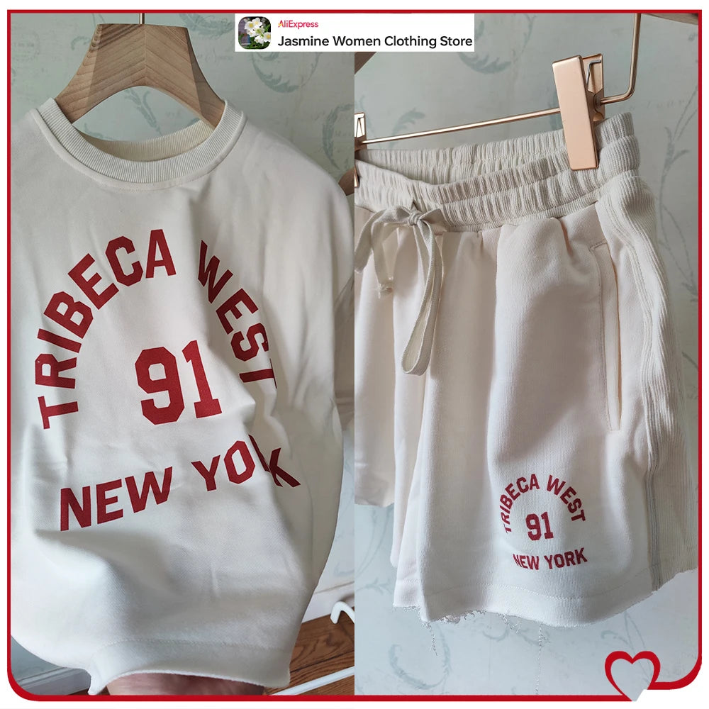 Plush Ensemble Femme 2 Piece COTTON Short Sets for Women Two Colors Text Print O-neck Sweatshirts + Mid Elastic Waistband Shorts